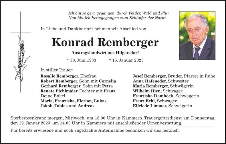 Traueranzeige Konrad Remberger