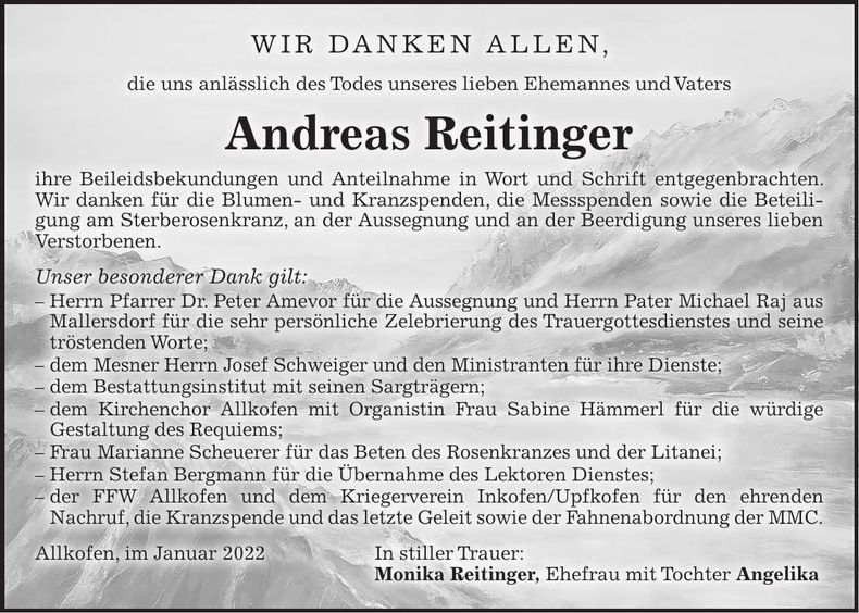 Traueranzeige Andreas Reitinger
