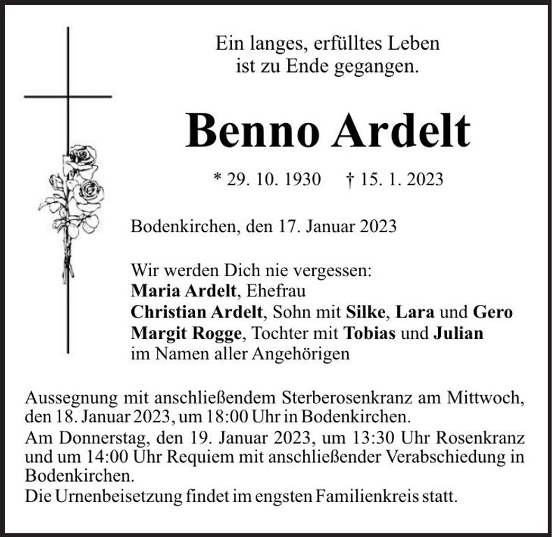 Traueranzeige Benno Ardelt
