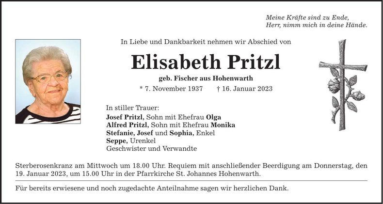 Traueranzeige Elisabeth Pritzl