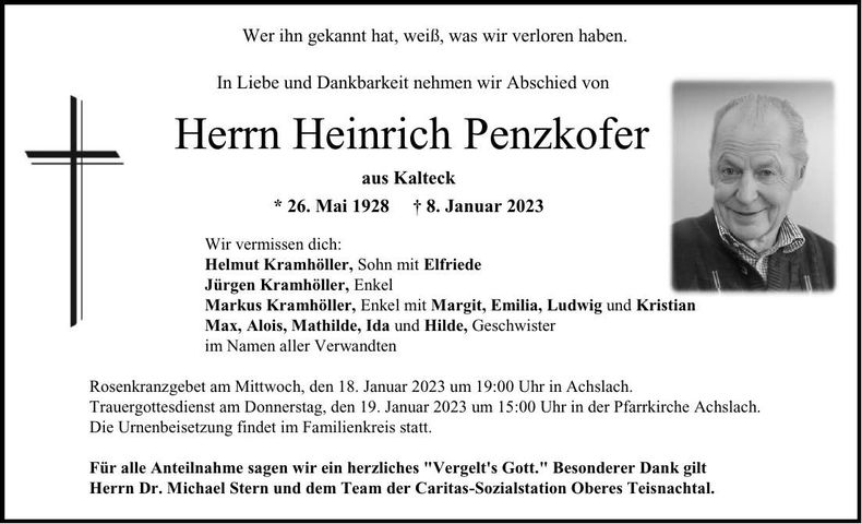 Traueranzeige Heinrich Penzkofer