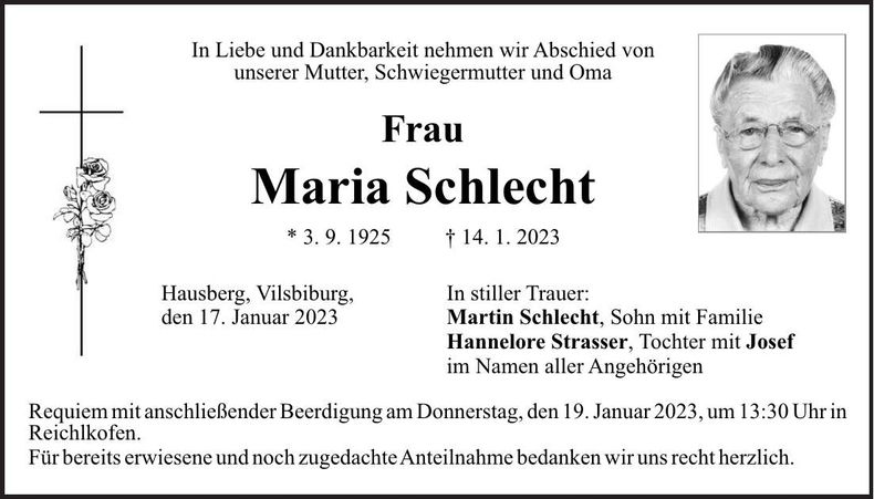 Traueranzeige Maria Schlecht