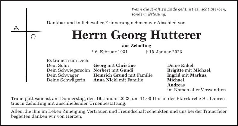 Traueranzeige Georg Hutterer