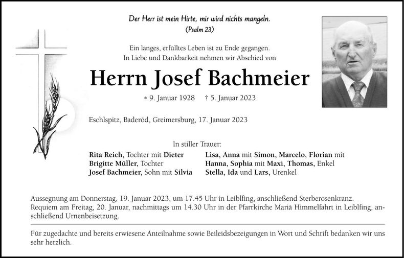 Traueranzeige Josef Bachmeier