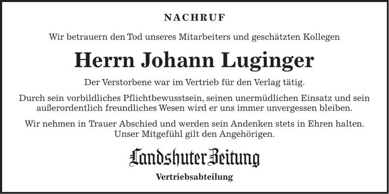 Traueranzeige Johann Luginger