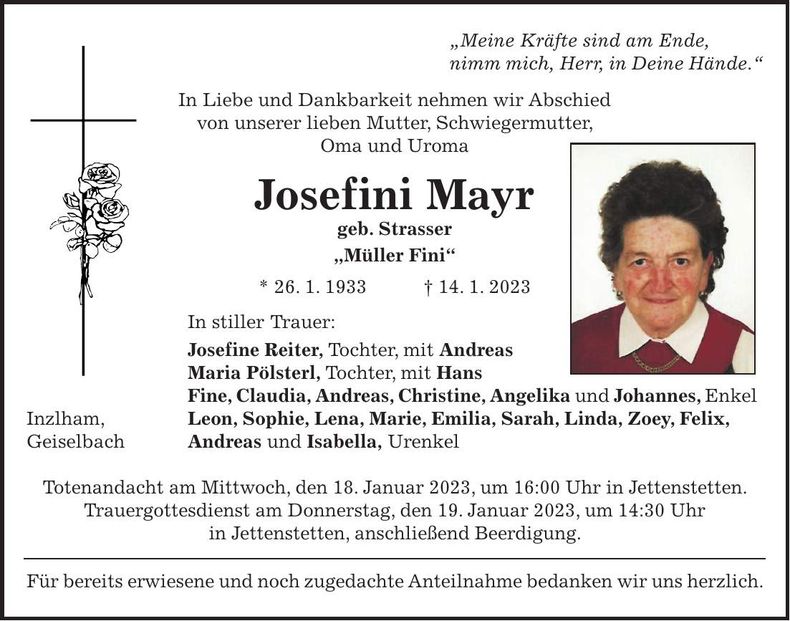 Traueranzeige Josefini Mayr