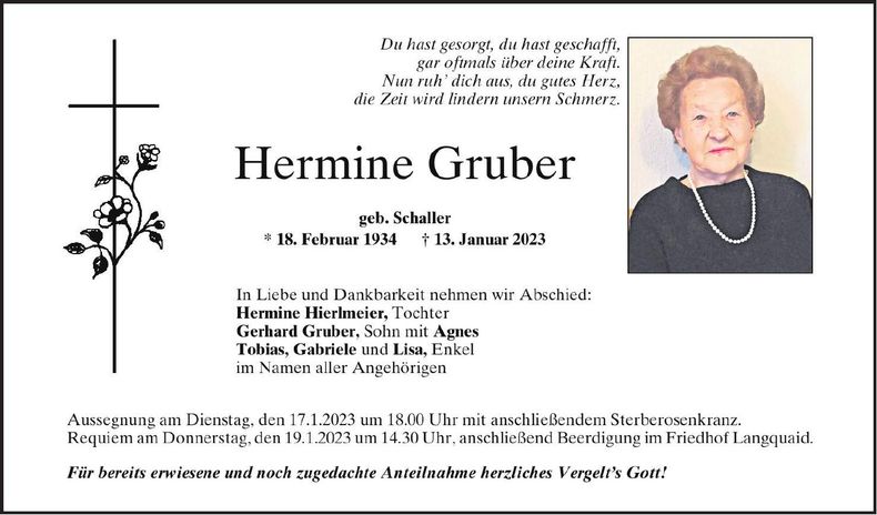 Traueranzeige Gruber Hermine