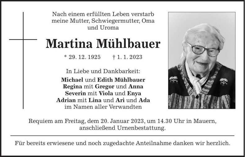 Traueranzeige Martina Mühlbauer