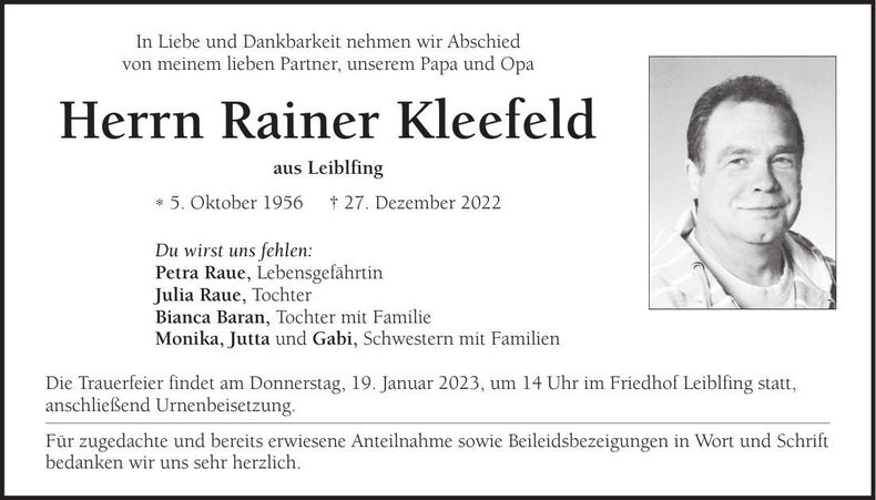 Traueranzeige Rainer Kleefeld