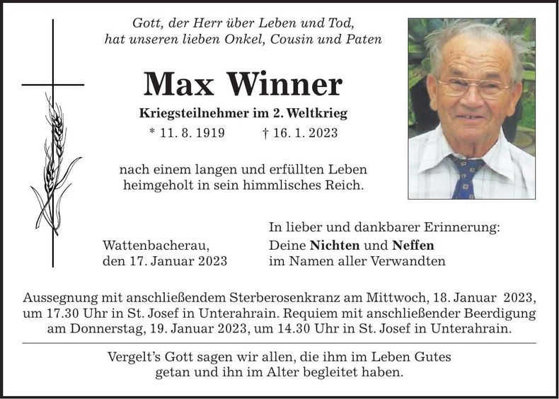 Traueranzeige Max Winner