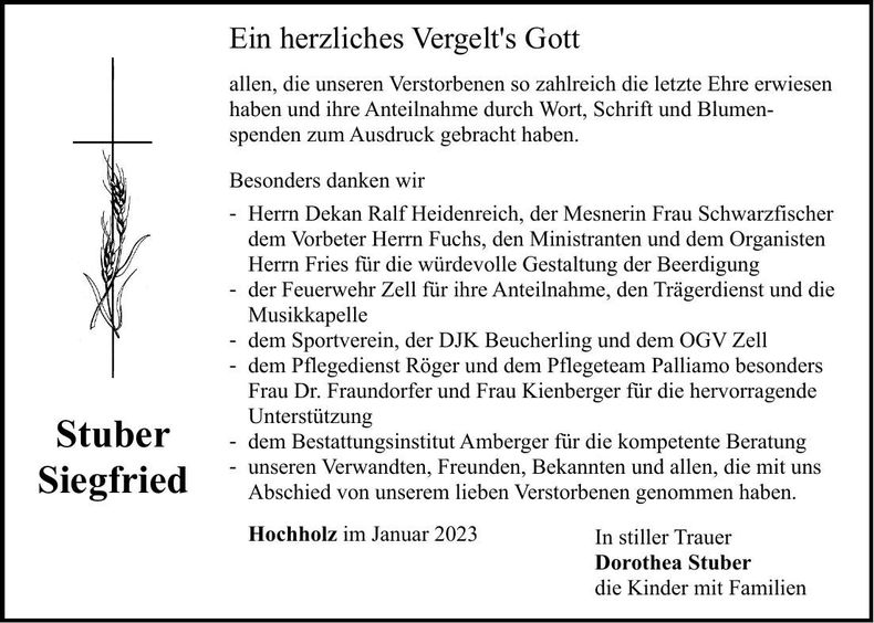 Traueranzeige Siegfried Stuber