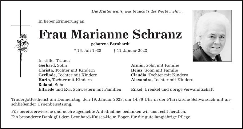 Traueranzeige Marianne Schranz