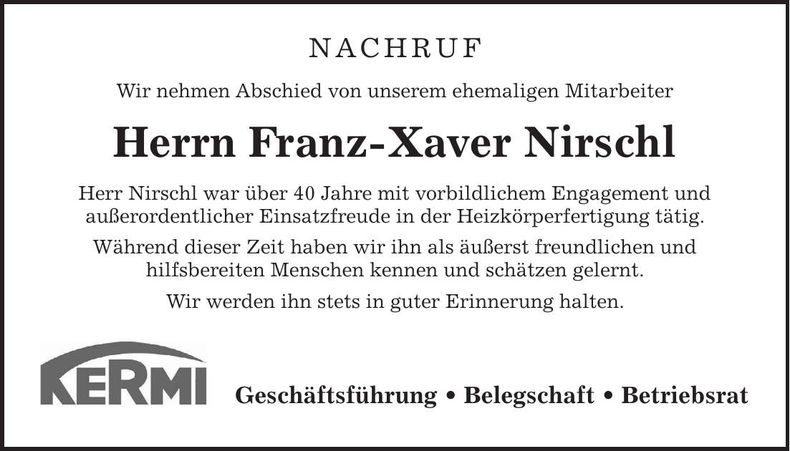 Traueranzeige Franz-Xaver Nirschl