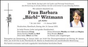 Traueranzeige Bärbl Wittmann