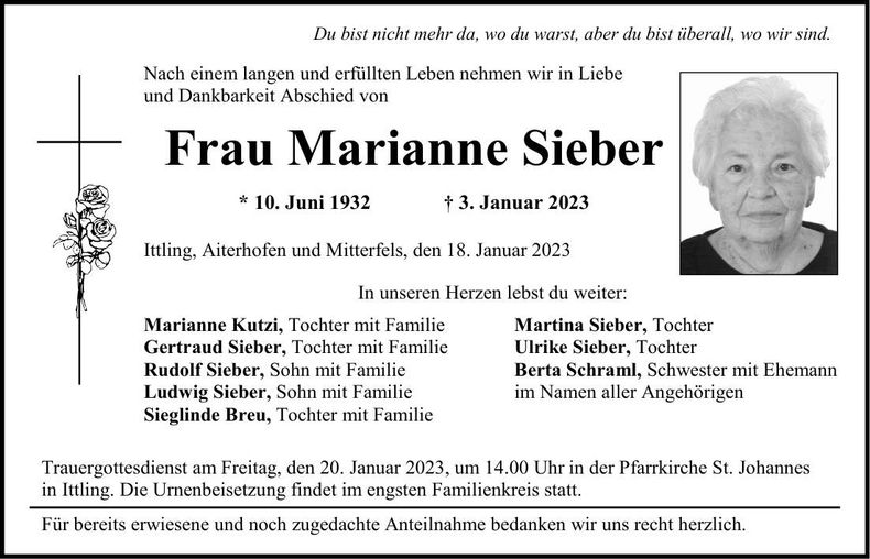 Traueranzeige Marianne Sieber