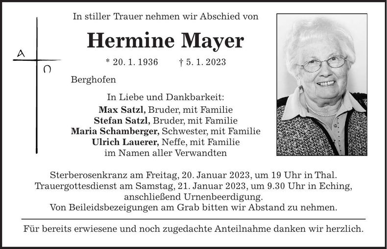 Traueranzeige Hermine Mayer
