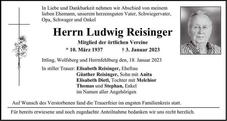 Traueranzeige Ludwig Reisinger