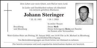 Traueranzeige Johann Steringer
