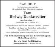 Traueranzeige Hedwig Dankesreiter
