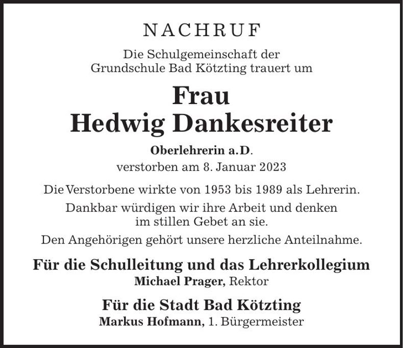 Traueranzeige Hedwig Dankesreiter