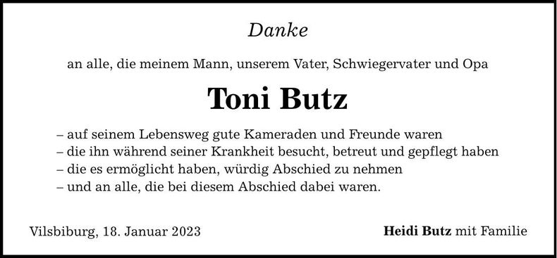 Traueranzeige Toni Butz