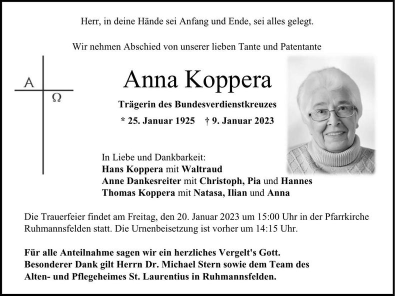 Traueranzeige Anna Koppera