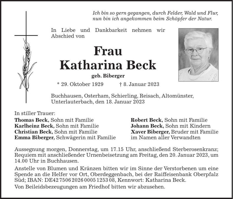 Traueranzeige Katharina Beck