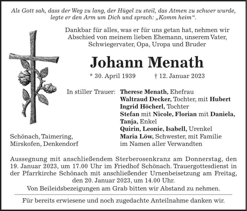 Traueranzeige Johann Menath