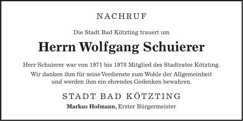 Traueranzeige Wolfgang Schuierer