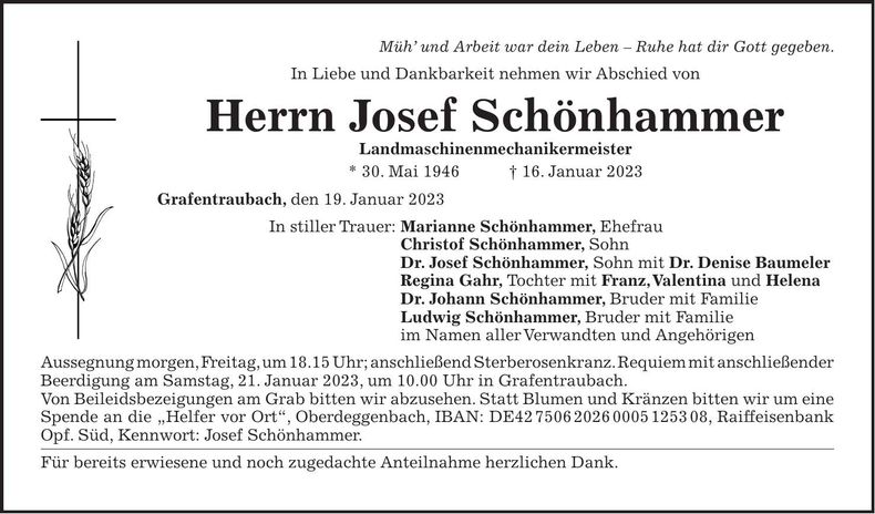 Traueranzeige Josef Schönhammer
