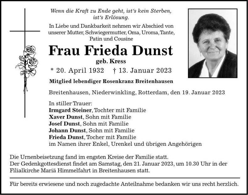 Traueranzeige Frieda Dunst
