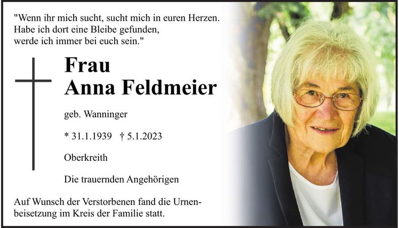 Traueranzeige Anna Feldmeier
