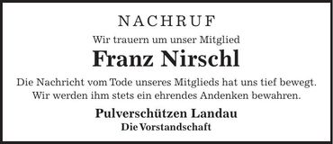 Traueranzeige Franz Nirschl