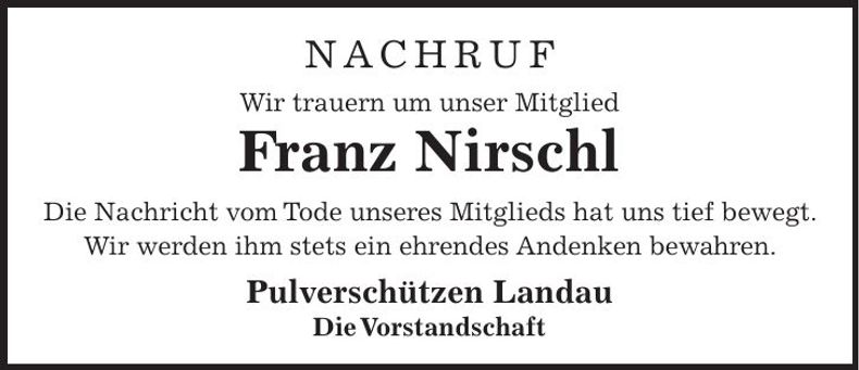 Traueranzeige Franz Nirschl