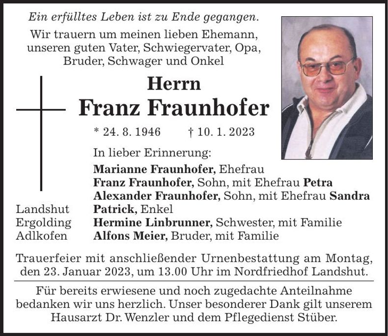 Traueranzeige Franz Fraunhofer