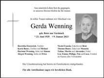 Traueranzeige Gerda Wenning