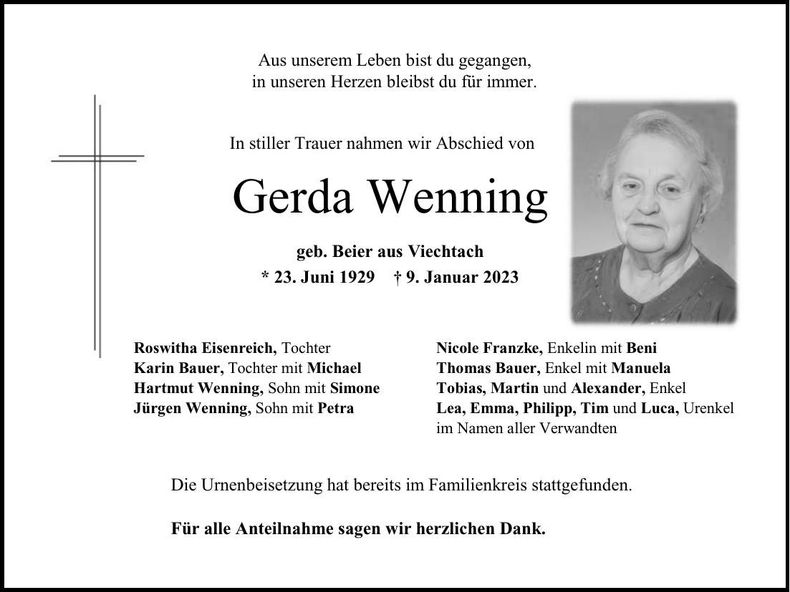 Traueranzeige Gerda Wenning