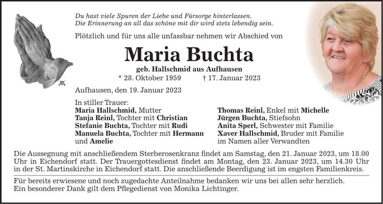 Traueranzeige Maria Buchta