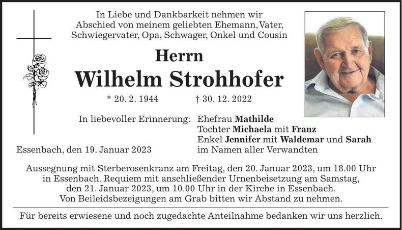 Traueranzeige Wilhelm Strohhofer