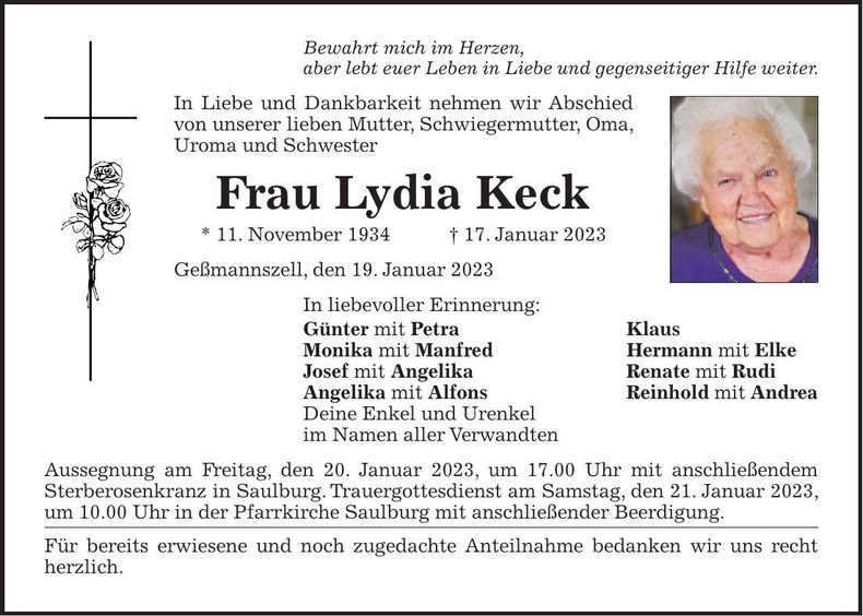 Traueranzeige Lydia Keck