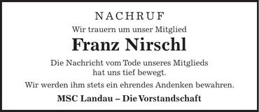 Traueranzeige Franz Nirschl