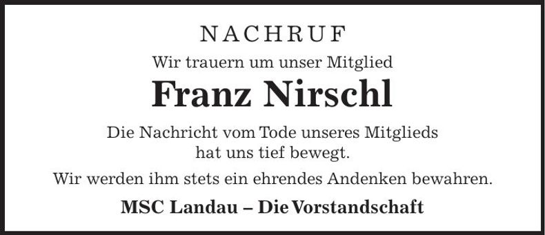 Traueranzeige Franz Nirschl