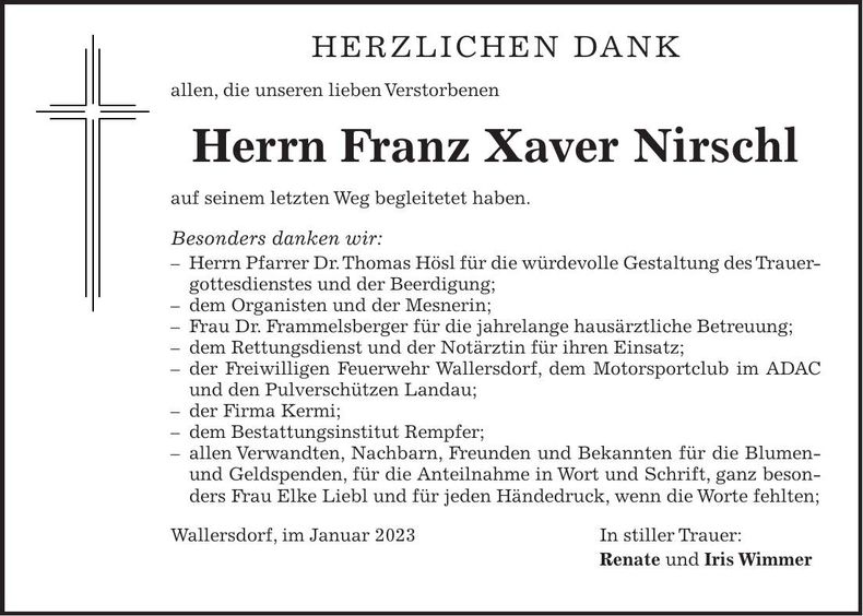 Traueranzeige Franz Xaver Nirschl
