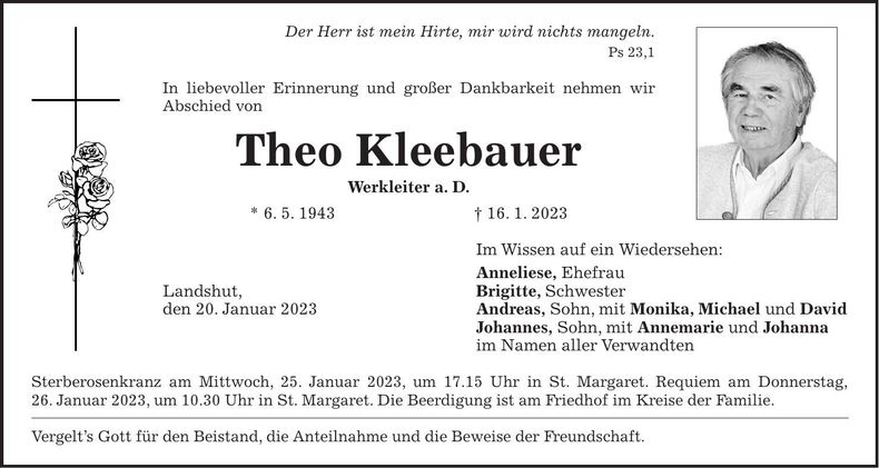 Traueranzeige Theo Kleebauer
