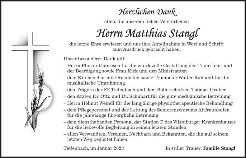 Traueranzeige Matthias Stangl