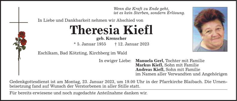 Traueranzeige Theresia Kiefl