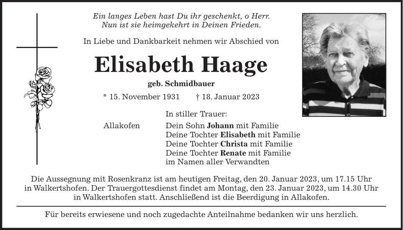 Traueranzeige Elisabeth Haage