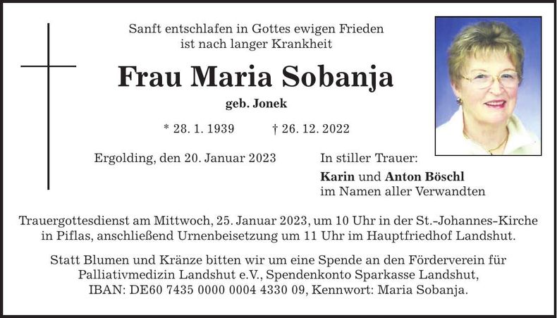 Traueranzeige Maria Sobanja
