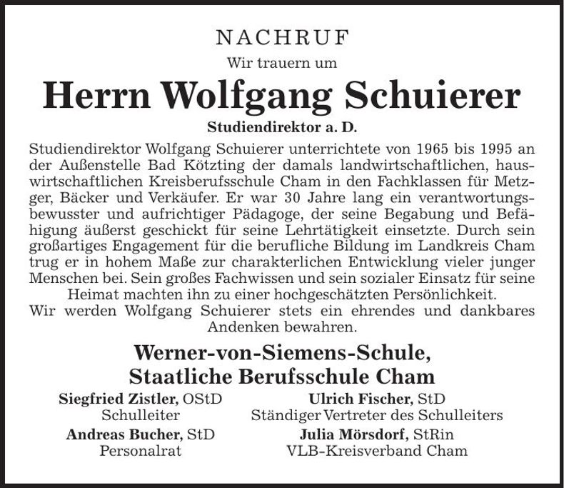 Traueranzeige Wolfgang Schuierer