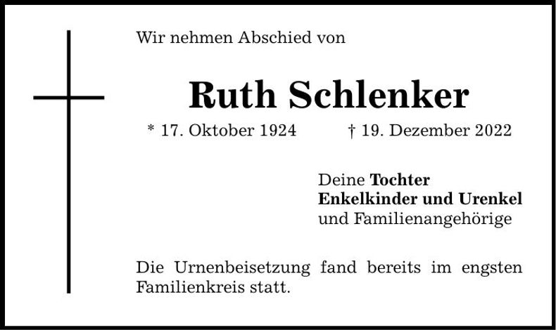 Traueranzeige Ruth Schlenker